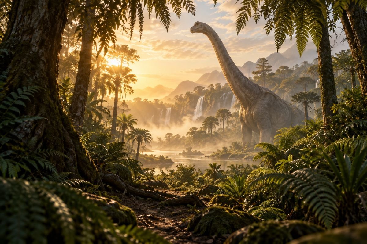Visão ilustrativa de uma floresta pré-histórica com um dinossauro.